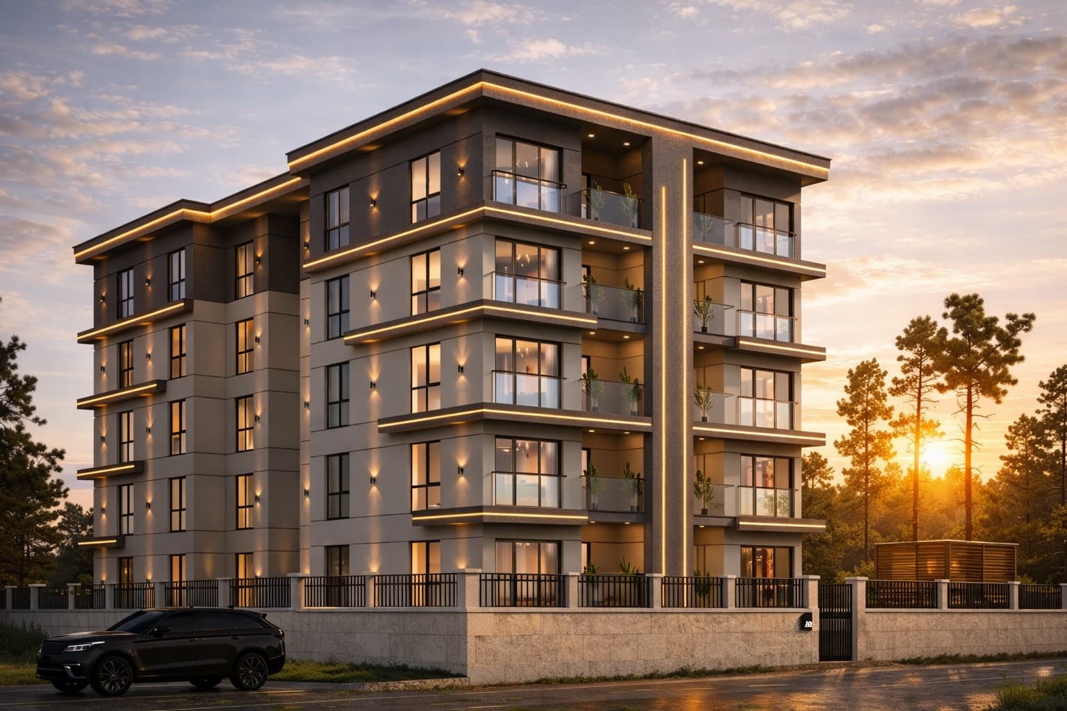 Apartman projesi — Asol Mimarlık & Yapı İnşaat, Modern çok katlı apartman, gün batımı cephe ve mimari aydınlatma