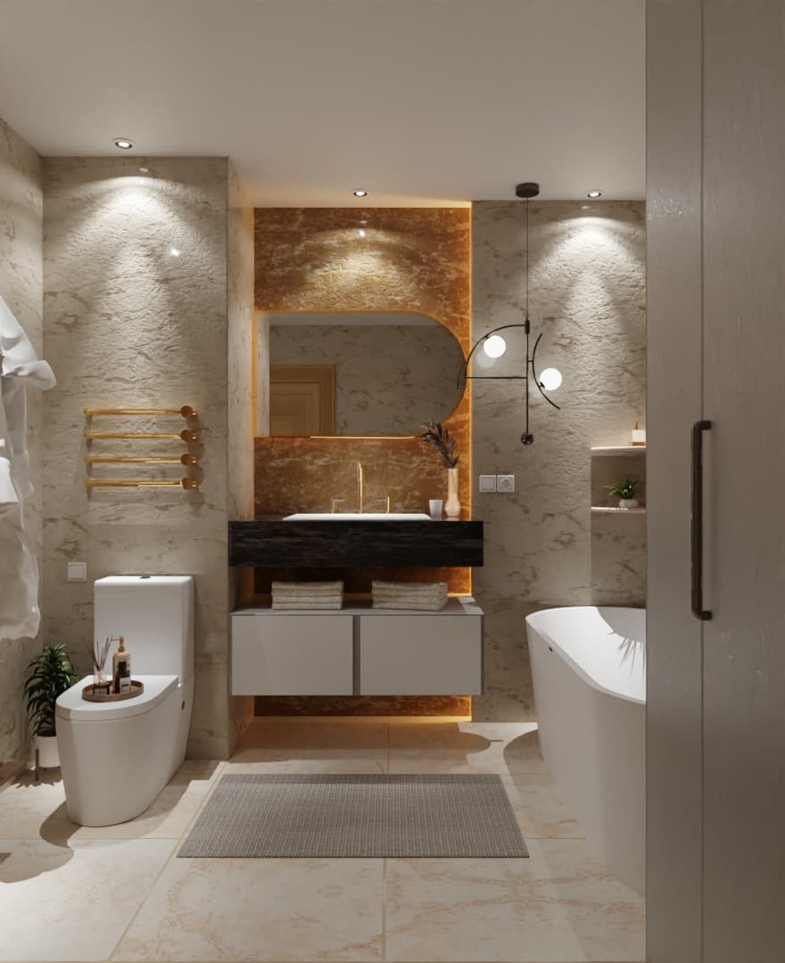 Banyo projesi — Asol Mimarlık & Yapı İnşaat, Lüks banyo iç mekân, aydınlatmalı oniks duvar ve serbest ayaklı küvet