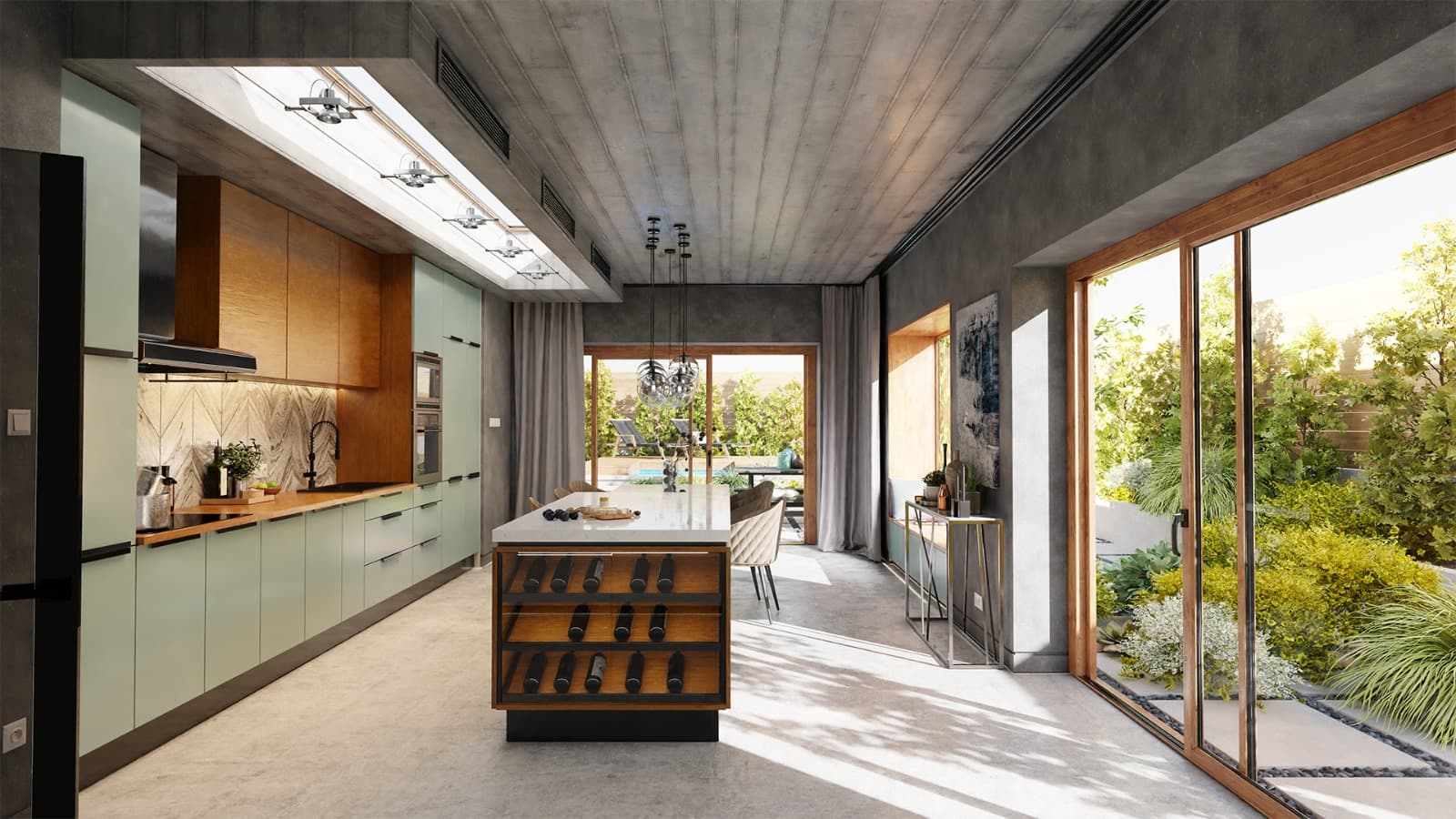 Villa mutfak projesi — Asol Mimarlık & Yapı İnşaat, Villa mutfak iç mekân, ada tezgâhı ve havuz manzaralı açık plan tasarım