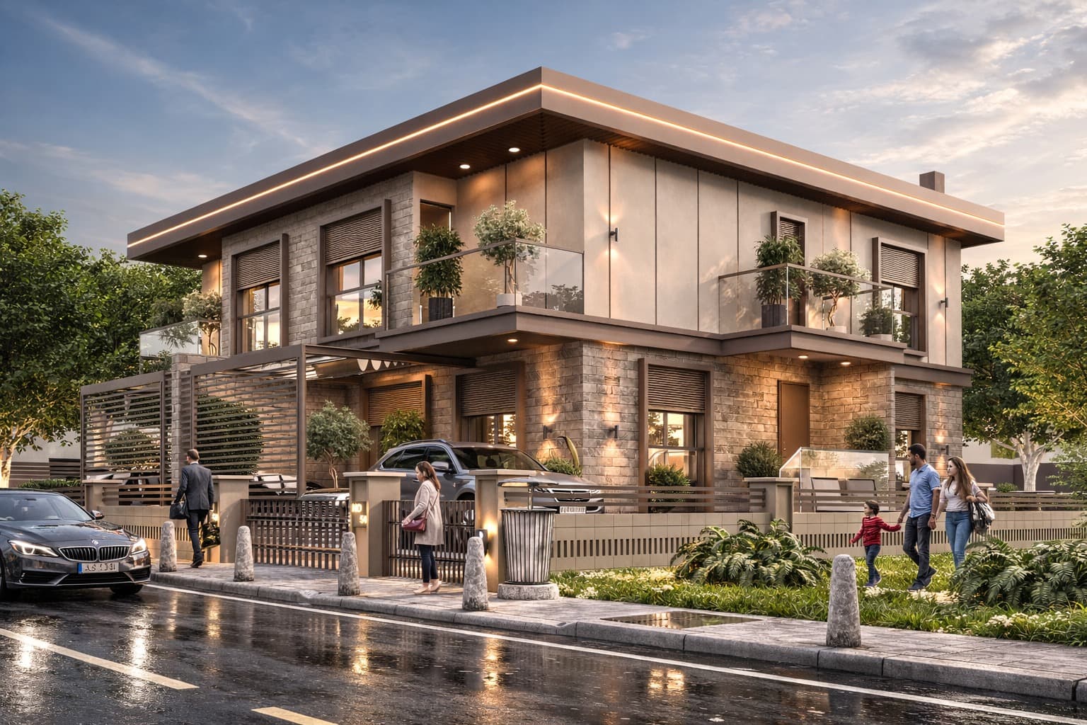 Villa projesi — Asol Mimarlık & Yapı İnşaat, Modern lüks villa, akşam ışıklarıyla cephe ve peyzaj görünümü